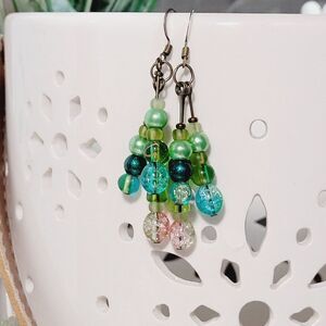Green Glass Antique.Bronze Hooks Hidden Meaning earrings Throwback Kid, Gi  369■